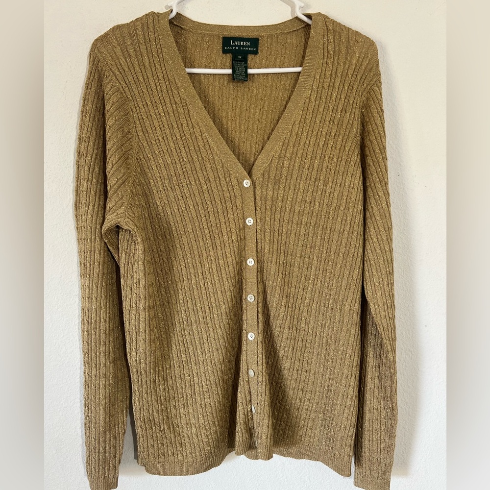 Lauren Ralph Lauren V Neck Cable Knit Metallic Gold Cardigan Sweater Vintage